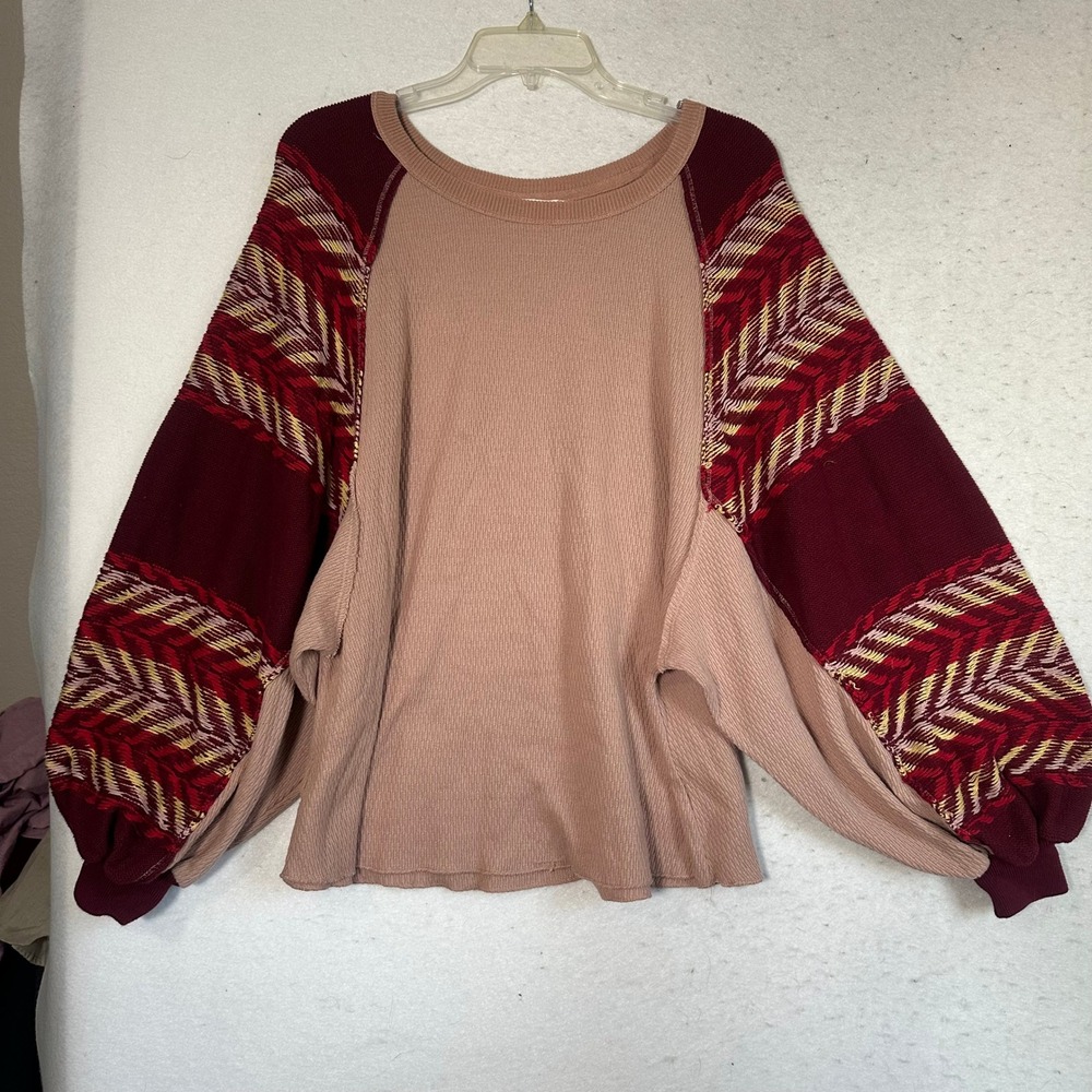 We The Free Free People Thermal Top Pink Burgundy Chevron Knit Balloon Sleeve S